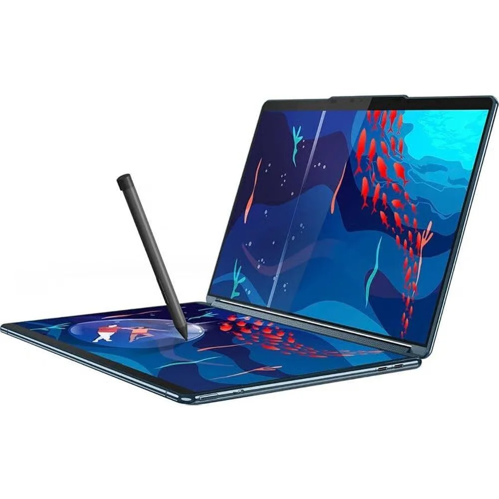 Laptop de doble pantalla OLED abierta con lápiz digital